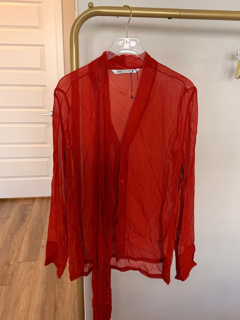 Zara Red Sheer Long-Sleeve Button-Up Shirt with Tie